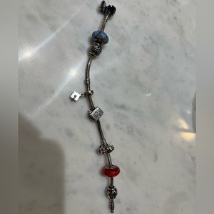 Sterling Silver Pandora Bracelet, with Silver Leaf, Blue/Gray Pandora Charms